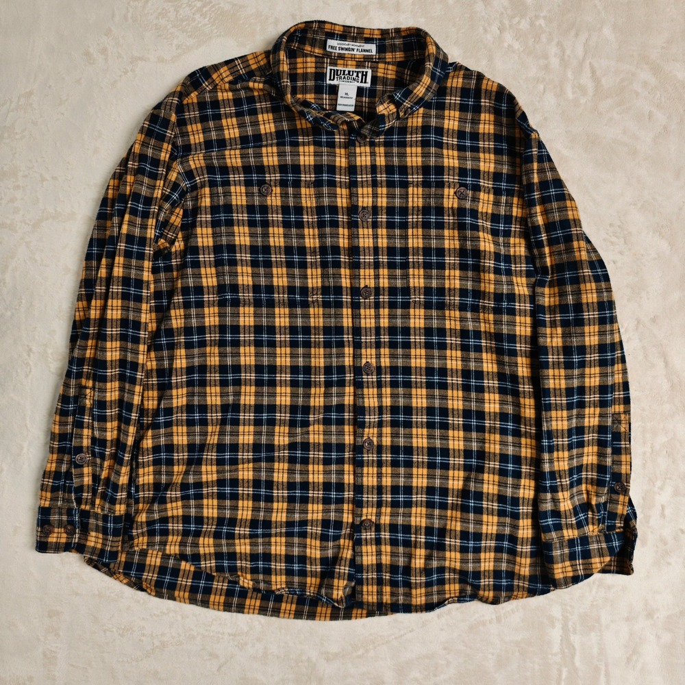 Duluth Trading Co Free Swingin Flannel Mens XL Relaxed Fit Yellow Blue Plaid